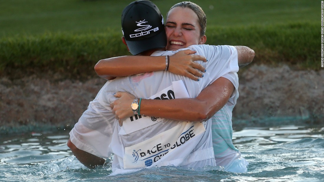 Thompson won her first major a year later, famously jumping into the lake with caddie Benji Thompson (no relation) after victory in the 2014 Kraft Nabisco Championship.