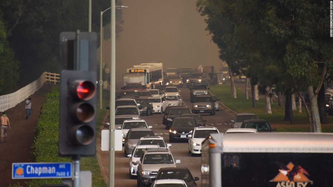 Traffic backs up as people flee Orange on October 9.