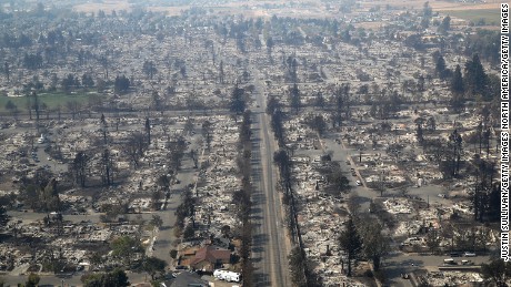 Hundreds of homes in the Coffey Park neighborhood that were destroyed by the Tubbs Fire on October 11, 2017 in Santa Rosa, California. At least 21 people have died in wildfires that have burned tens of thousands of acres and destroyed over 3,000 homes and businesses in several Northen California counties. 