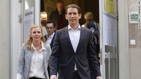 Sebastian Kurz and his girlfriend, Susanne Thier, leaving a polling station after voting in Vienna on Sunday.