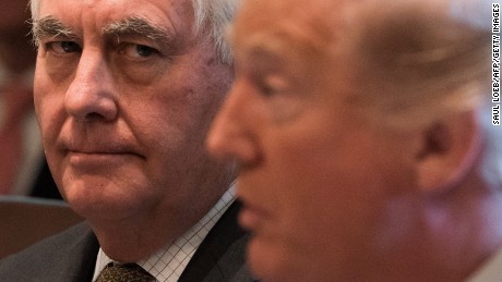 US President Donald Trump speaks alongside Secretary of State Rex Tillerson (L) during a Cabinet Meeting in the Cabinet Room of the White House in Washington, DC, October 16, 2017. / AFP PHOTO / SAUL LOEB        (Photo credit should read SAUL LOEB/AFP/Getty Images)