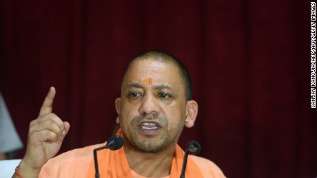 Uttar Pradesh Chief Minister Yogi Adityanath gestures during a press conference, August 13, 2017.
