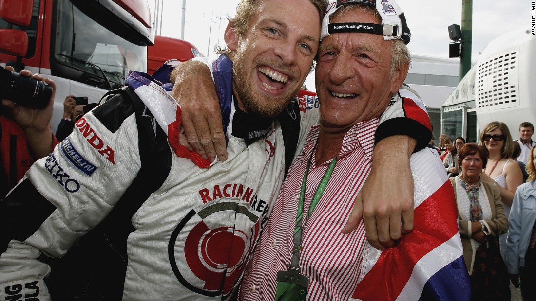 Button raced more than 300 times in F1. His first race win came in his 113th start at the 2006 Hungarian Grand Prix. Here he is celebrating the victory win his dad, John at the Hungaroring. 