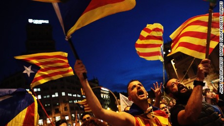 Protesters gather in Barcelona&#39;s city center on Saturday. 