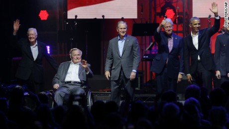 Former Presidents from right, Barack Obama, Bill Clinton, George W. Bush, George H.W. Bush and Jimmy Carter gather on stage at the opening of a hurricanes relief concert in College Station, Texas, Saturday, Oct. 21, 2017. All five living former U.S. presidents joined to support a Texas concert raising money for relief efforts from Hurricane Harvey, Irma and Maria&#39;s devastation in Texas, Florida, Puerto Rico and the U.S. Virgin Islands. (AP Photo/LM Otero)