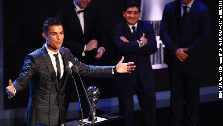 Cristiano Ronaldo collects his award as the Best FIFA men&#39;s player 2017.