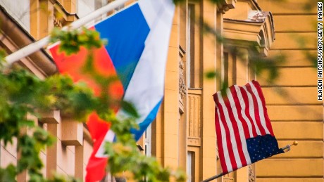 A Russian flag flies next to the US embassy building in Moscow on July 31, 2017. (MLADEN ANTONOV/AFP/Getty Images)