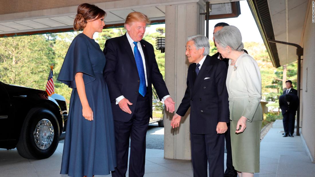 Akihito and Michiko greet US President Donald Trump and first lady Melania Trump as they arrive at the Imperial Palace in November 2017.