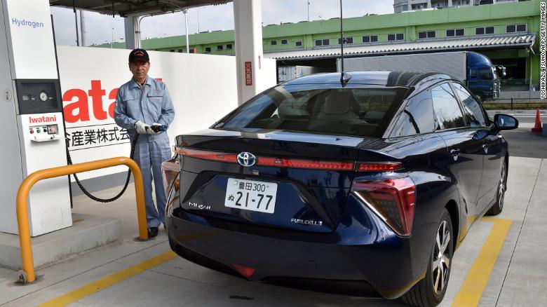 The Toyota Mirai, pictured at a hydrogen station in Tokyo, has a range of 650 kilometers.