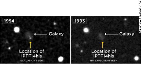 The same star appears to have exploded in 1954, accounting for the brightness in the image, but appears dim in other years.