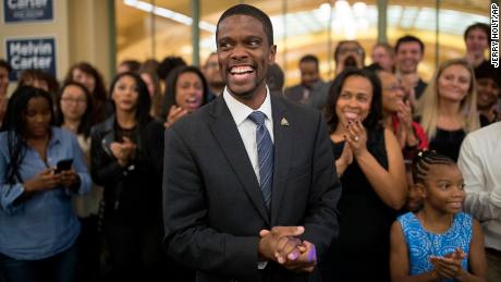 St. Paul mayoral candidate Melvin Carter III celebrates his win with family and friends on Tuesday in St. Paul, Minnesota.