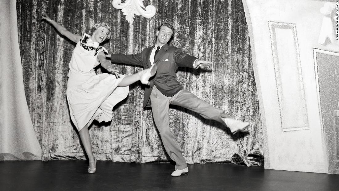 Day dances with Gene Nelson on the set of the 1950 film &quot;Tea for Two.&quot;