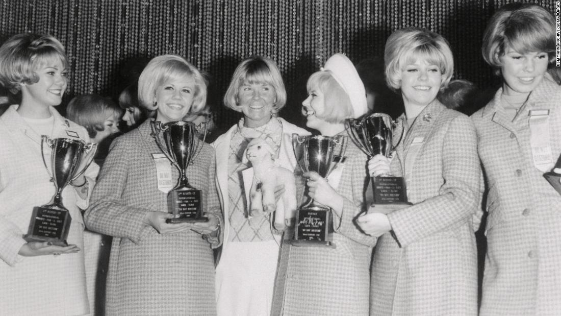 In 1965, young women from around the world competed in the International Doris-for-a-Day Look Alike contest. Day is third from left here with the top five finishers.