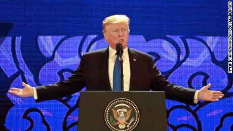 US President Donald Trump speaks on the final day of the APEC CEO Summit, part of the broader Asia-Pacific Economic Cooperation (APEC) leaders' summit, in the central Vietnamese city of Danang on November 10, 2017.
World leaders and senior business figures are gathering in the Vietnamese city of Danang this week for the annual 21-member APEC summit. / AFP PHOTO / POOL / NYEIN CHAN NAING        (Photo credit should read NYEIN CHAN NAING/AFP/Getty Images)