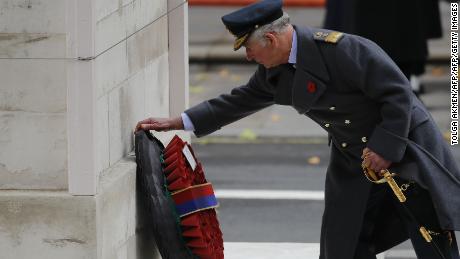 Britain&#39;s Prince Charles lays a wreath during the Remembrance Sunday ceremony at the Cenotaph.