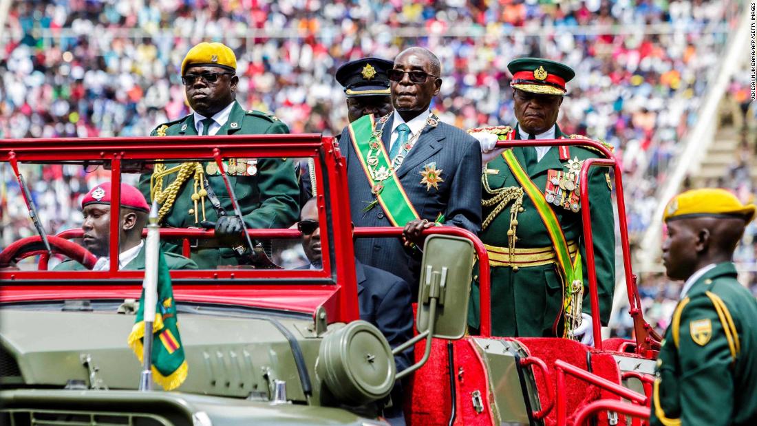 Mugabe reviews the guard of honor during Zimbabwe&#39;s 37th Independence Day celebrations in April 2017.