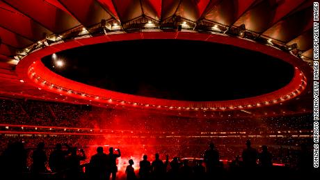 Atletico Madrid celebrate after the club&#39;s opening La Liga match at the Wanda Metropolitano stadium.