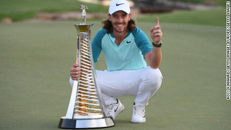 Britain&#39;s Tommy Fleetwood celebrates his 2017 Race to Dubai victory at the Jumeirah Golf Estates.