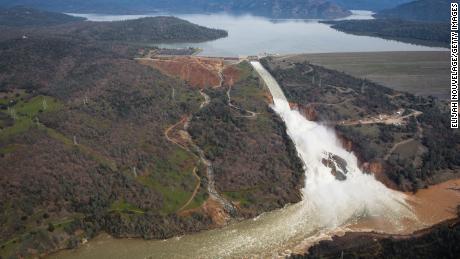 Oroville Lake, the emergency spillway and the damaged main spillway on February 13, 2017.