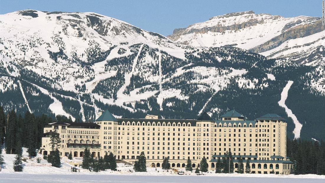 The famous old hotel lies across the valley from the ski area. 