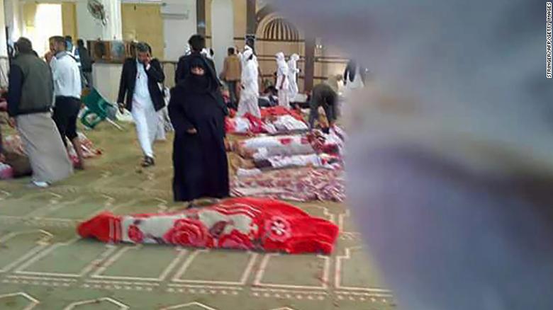 Bodies lie on the floor of al Rawdah mosque in the northern Sinai after a gun and bomb attack Friday.