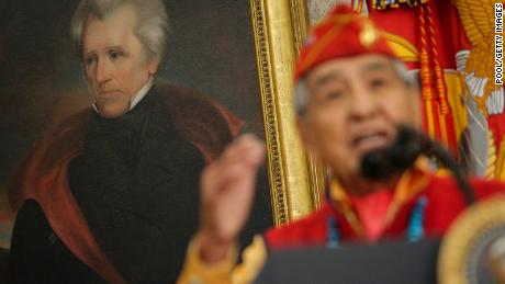 Trump holds event honoring Native American veterans in front of Andrew Jackson picture