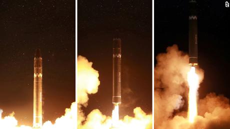 Photos released by North Korean state media show Wednesday&#39;s launch of the Hwasong-15 ICBM. 
