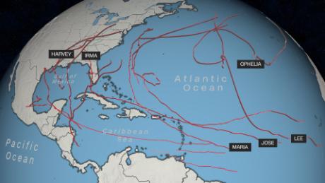 This map shows the paths of hurricanes from the 2017 season.