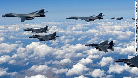 US Air Force B-1B Lancer bombers flying with F-35B fighter jets and South Korean Air Force F-15K fighter jets during training over South Korea in 2017.