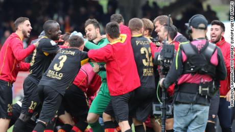 Brognoli and his Benevento teammates celebrate after ending a 14-match losing streak
