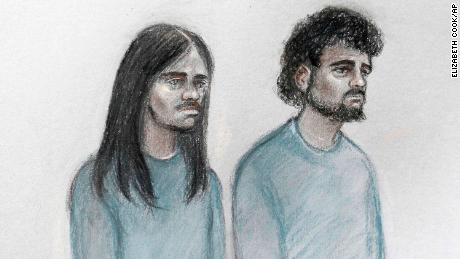 This court artist sketch shows Naa'imur Zakariyah Rahman, left, and Mohammed Aqib Imran in the dock at Westminster Magistrates' Court in London on Wednesday.