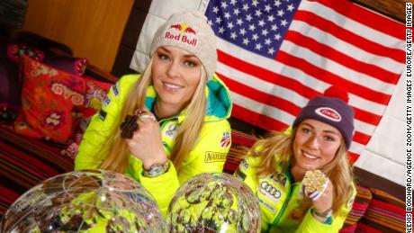 MERIBEL, FRANCE - MARCH 22: (FRANCE OUT)  American World Championship medallists and World Cup globe winners Mikaela Shiffrin and Lindsey Vonn pose for a photo shoot during the Audi FIS Alpine Ski World Cup Finals on March 22, 2015 in Meribel, France. (Photo by Alexis Boichard/Agence Zoom/Getty Images)