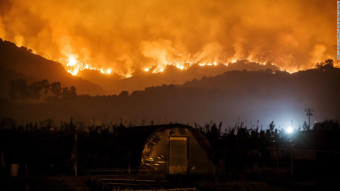 The Thomas Fire burns in the mountains near Carpinteria on Sunday, December 10.