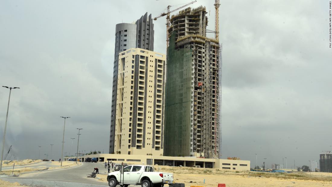 Billed as the largest real estate project in Africa, Eko Atlantic is being built on tons of sand dredged from the Atlantic Ocean off the coast.  However, construction has slowed as a result of Nigeria&#39;s economic stagnation.