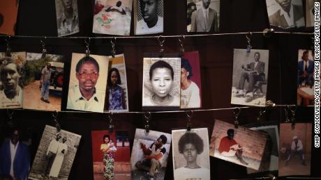 Family photos of victims of the 1994 Rwanda genocide hang inside the Kigali Genocide Memorial Centre 