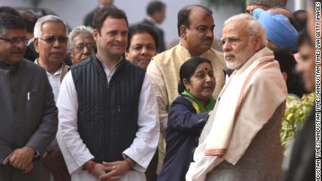 Prime Minister Narendra Modi and Rahul Gandhi during the anniversary of 2001 Parliament Attack at Parliament House on December 13, 2017 in New Delhi, India. 