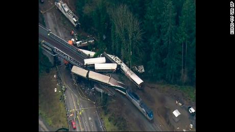 This aerial image from video provided by KOMO-TV shows the derailed train.