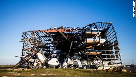 A boat storage depot stands destroyed by Hurricane Harvey.