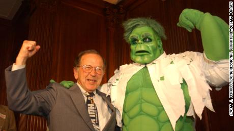 Sen. Ted Stevens, R-Alaska, meets &quot;The Hulk&quot; during a party at the U.S. Capitol in 2003  (Photo by Scott J. Ferrell/Congressional Quarterly/Getty Images)