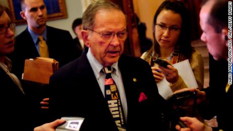 UNITED STATES - DECEMBER 20:  Sen. Ted Stevens, R-Ak., speaks to the press in the Senate hallway of the Capitol.  (Photo By Chris Maddaloni/Roll Call/Getty Images)