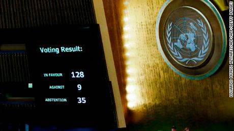 The results of the vote on Jerusalem are seen on a display board at the General Assembly hall, on December 21, 2017, at UN Headquarters in New York.
UN member-states were poised to vote on a motion rejecting US recognition of Jerusalem as Israel&#39;s capital, after President Donald Trump threatened to cut funding to countries that back the measure.  / AFP PHOTO / EDUARDO MUNOZ ALVAREZ        (Photo credit should read EDUARDO MUNOZ ALVAREZ/AFP/Getty Images)