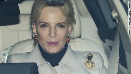 Princess Michael of Kent wears a blackamoor brooch to a lunch this week at Buckingham Palace.