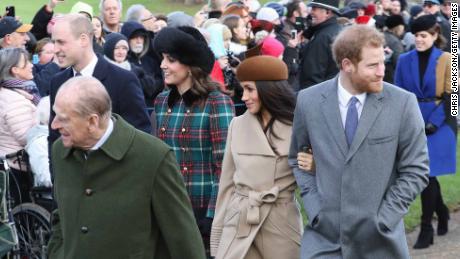 Prince William, Duke of Cambridge, Prince Philip, Duke of Edinburgh, Catherine, Duchess of Cambridge, Meghan Markle and Prince Harry walk to church.