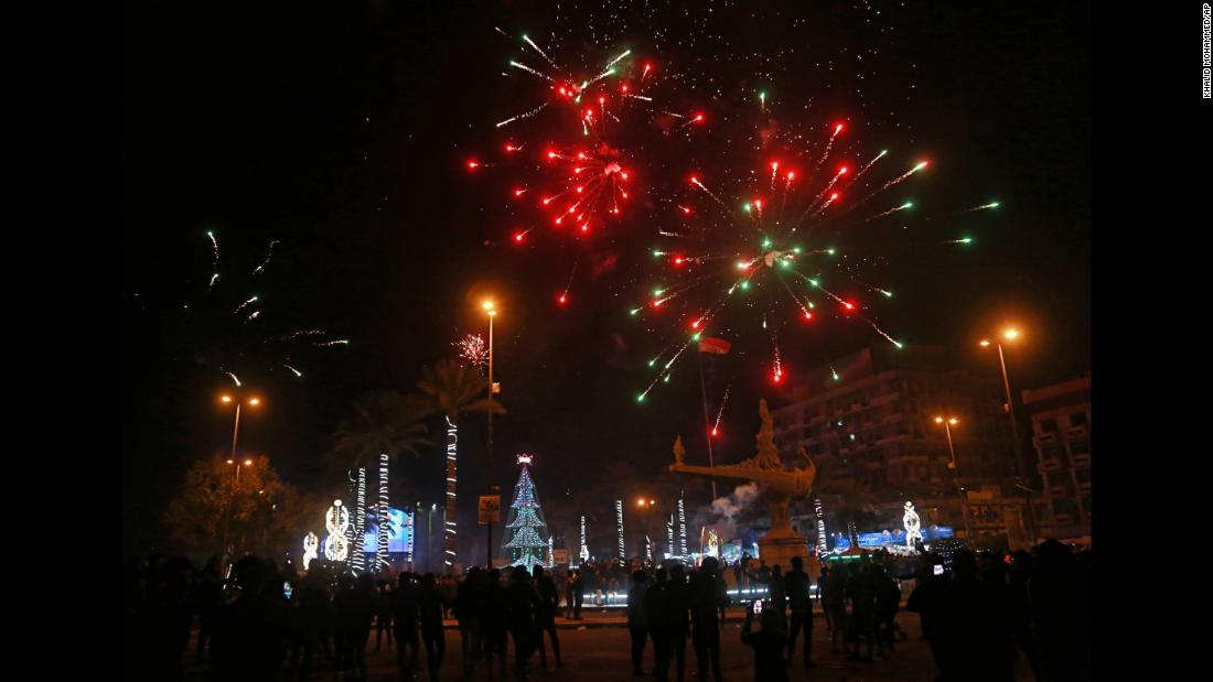 Fireworks illuminate the sky in Baghdad, Iraq.