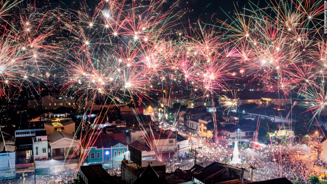 Fireworks illuminate the city&#39;s skyline during New Year&#39;s celebrations in Yogyakarta, Indonesia.