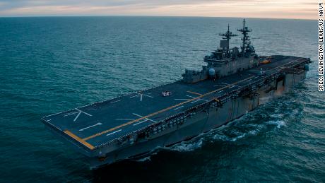 The amphibious assault ship USS Wasp (LHD 1) transits the Strait of Magellan in an undated US government photo.
