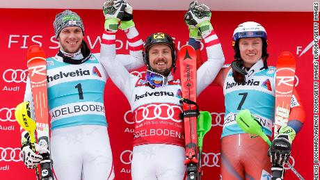 Marcel Hirscher (C) celebrates after Sunday&#39;s slalom event in Adelboden, Switzerland. 