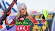 First-placed US' Mikaela Shiffrin celebrates on the finish area after crossing the finish line for the first run of the FIS World Cup Ladies Slalom race in Kranjska Gora, on January 7, 2018. / AFP PHOTO / Jure Makovec        (Photo credit should read JURE MAKOVEC/AFP/Getty Images)