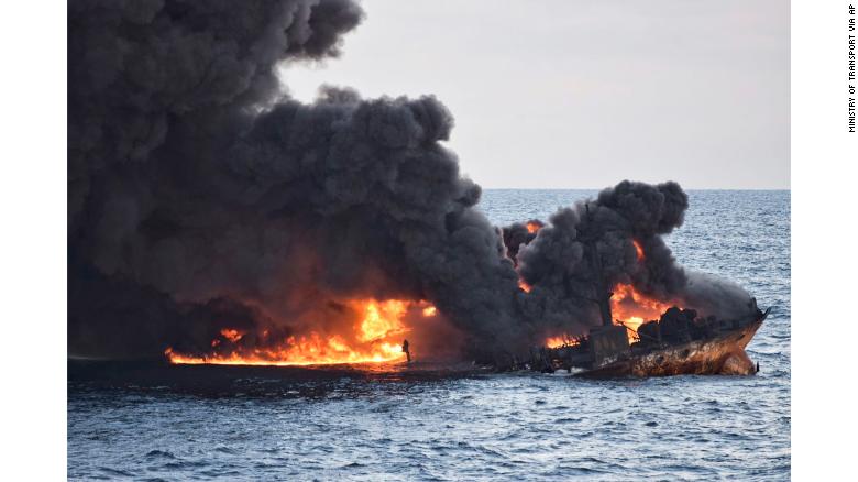 Burning Oil Tanker Sinks