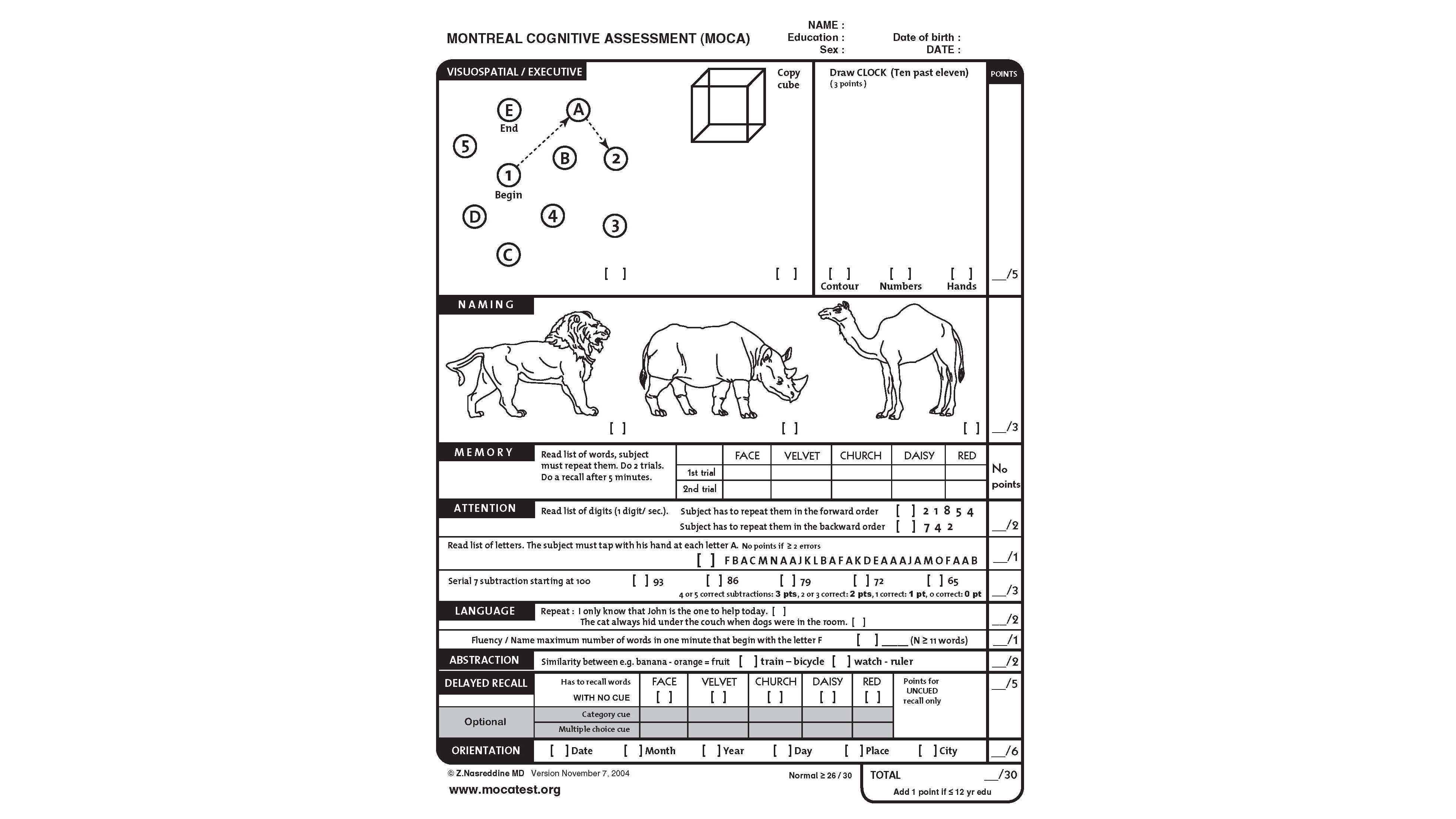 moca test scoring of 17